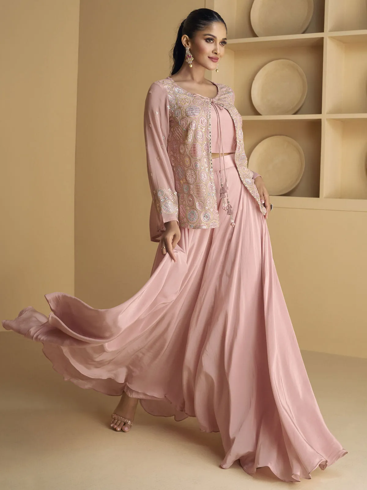 Blush Pink Sequence Embroidered Jacket Style Palazzo Suit