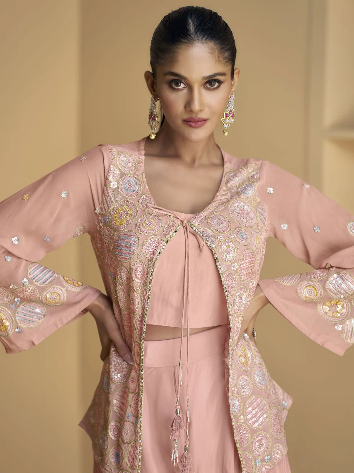 Blush Pink Sequence Embroidered Jacket Style Palazzo Suit