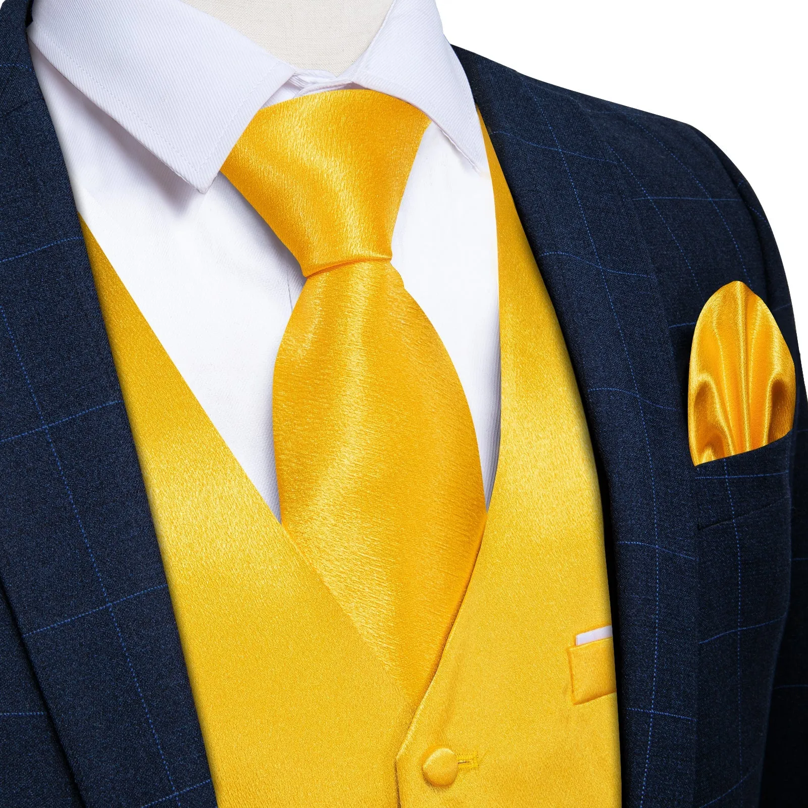 Brilliant Yellow Solid Shining Silk Men Vest Necktie Bow Tie Handkerchief Cufflinks Set