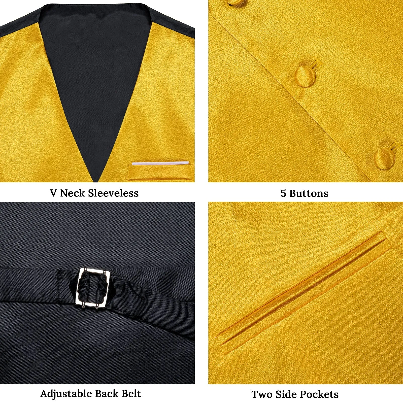 Brilliant Yellow Solid Shining Silk Men Vest Necktie Bow Tie Handkerchief Cufflinks Set