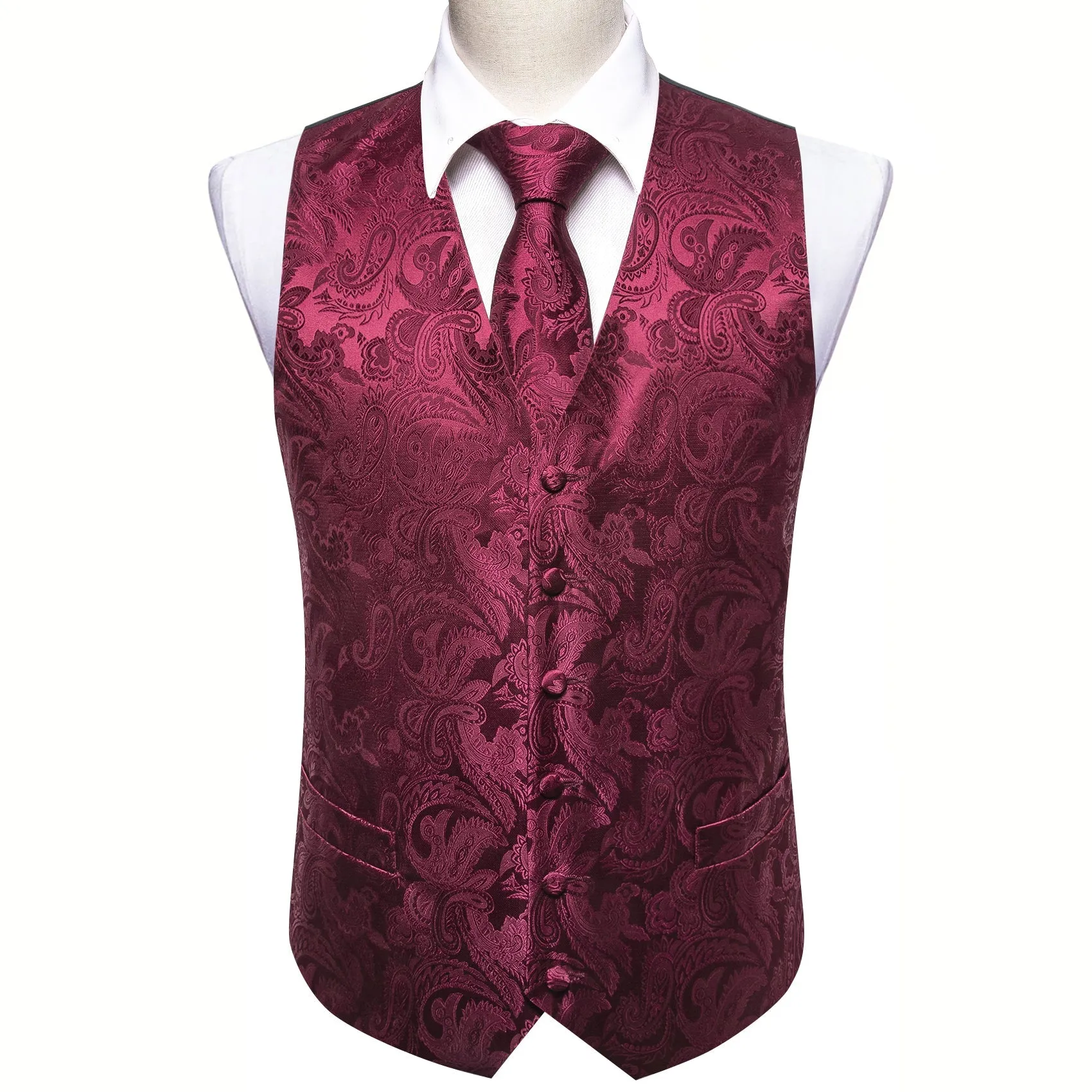 Burgundy Red Paisley Jacquard Silk Men's Vest Hanky Cufflinks Tie Set