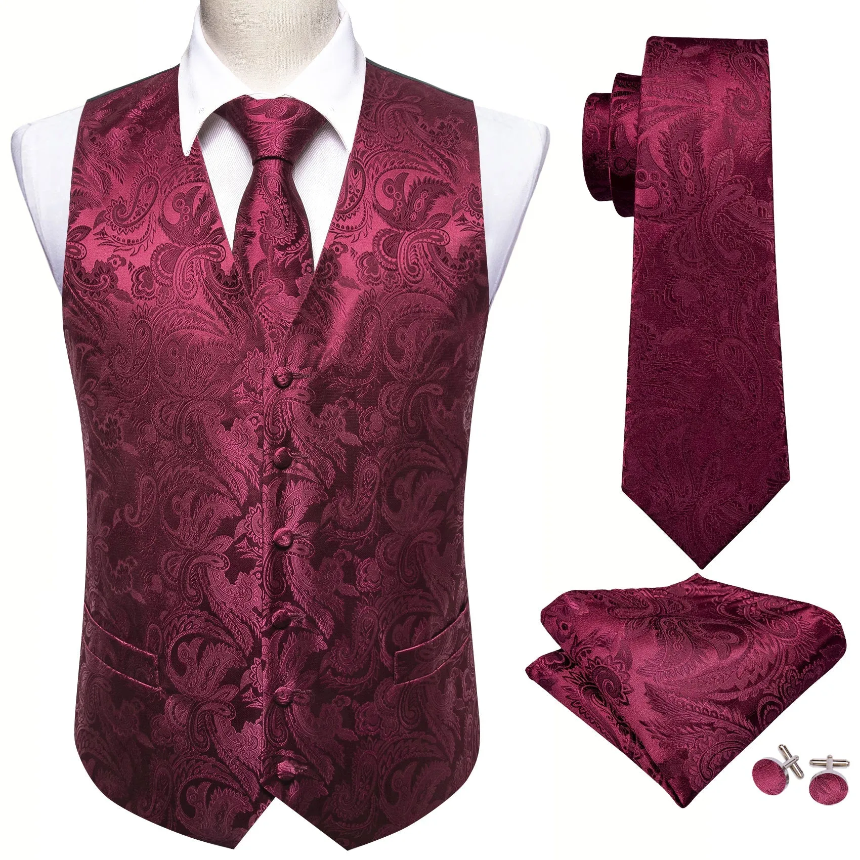 Burgundy Red Paisley Jacquard Silk Men's Vest Hanky Cufflinks Tie Set