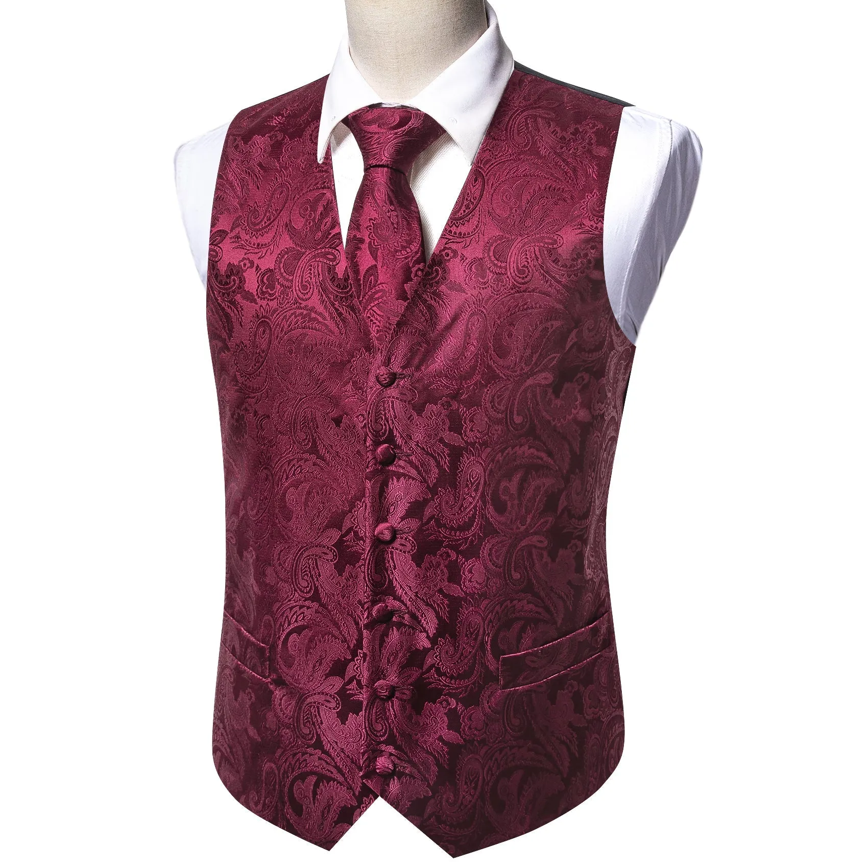 Burgundy Red Paisley Jacquard Silk Men's Vest Hanky Cufflinks Tie Set