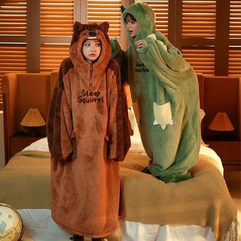 Cartoon Squirrel Monster Letter Plush Hooded Jumpsuit Pajamas Dress