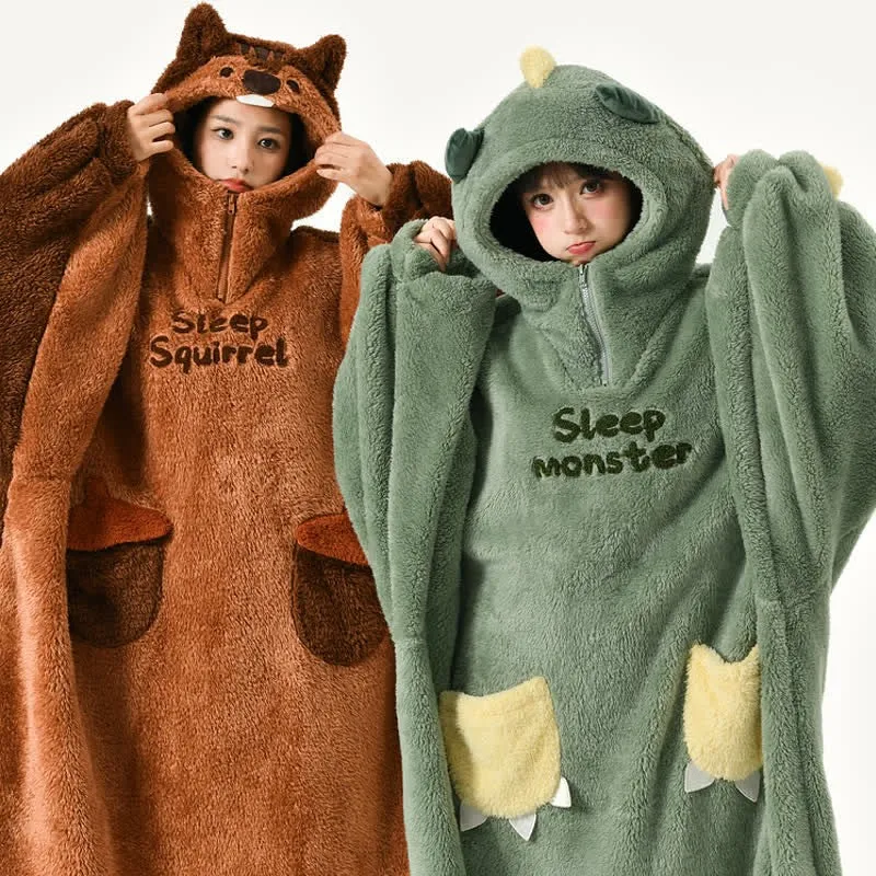 Cartoon Squirrel Monster Letter Plush Hooded Jumpsuit Pajamas Dress