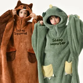 Cartoon Squirrel Monster Letter Plush Hooded Jumpsuit Pajamas Dress