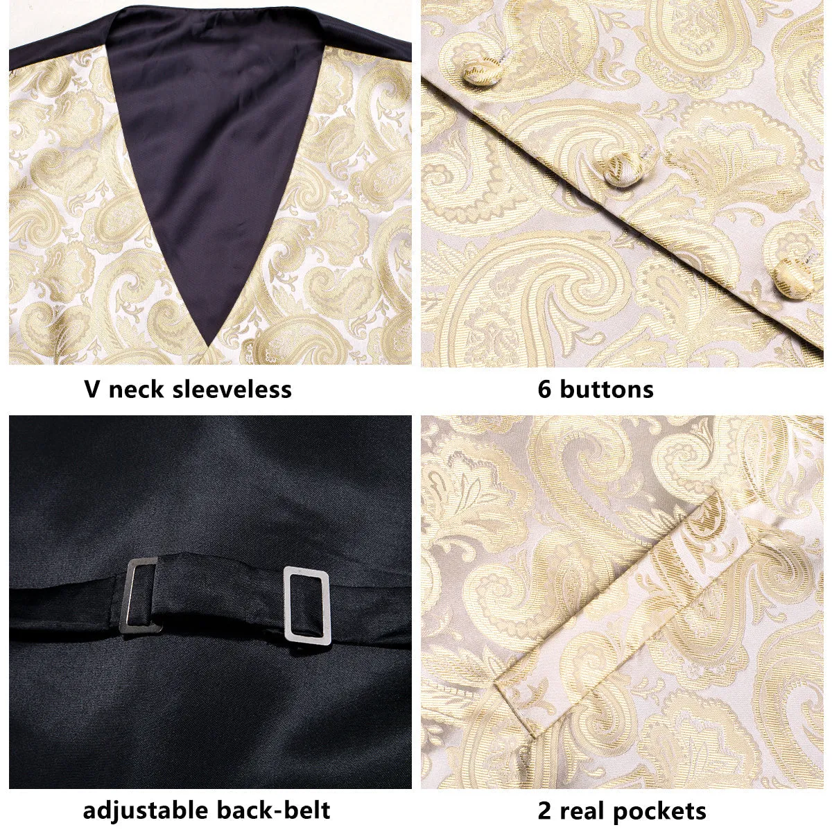 Champagne Beige Paisley Jacquard Silk Men's Vest Hanky Cufflinks Tie Set