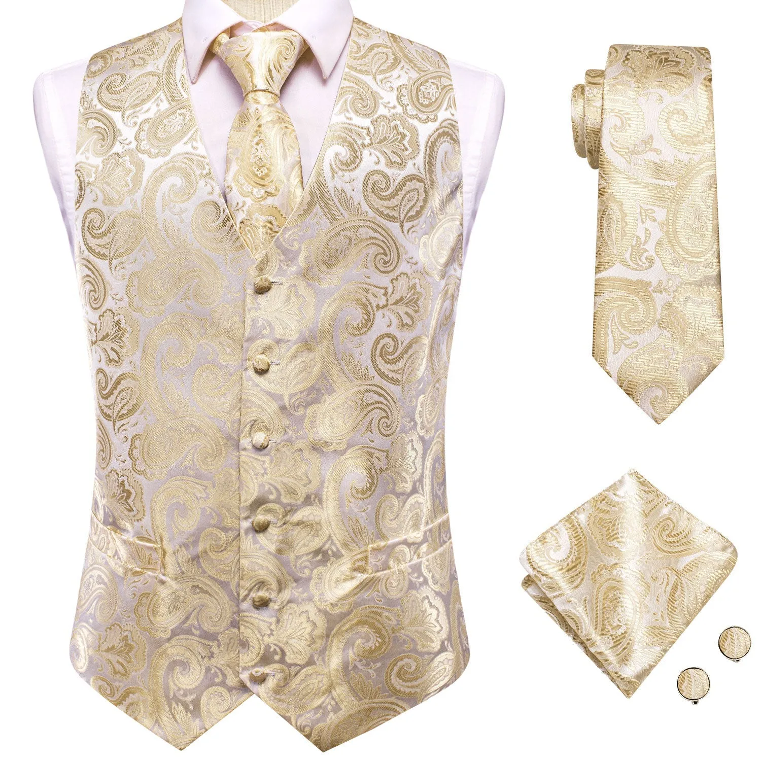 Champagne Beige Paisley Jacquard Silk Men's Vest Hanky Cufflinks Tie Set