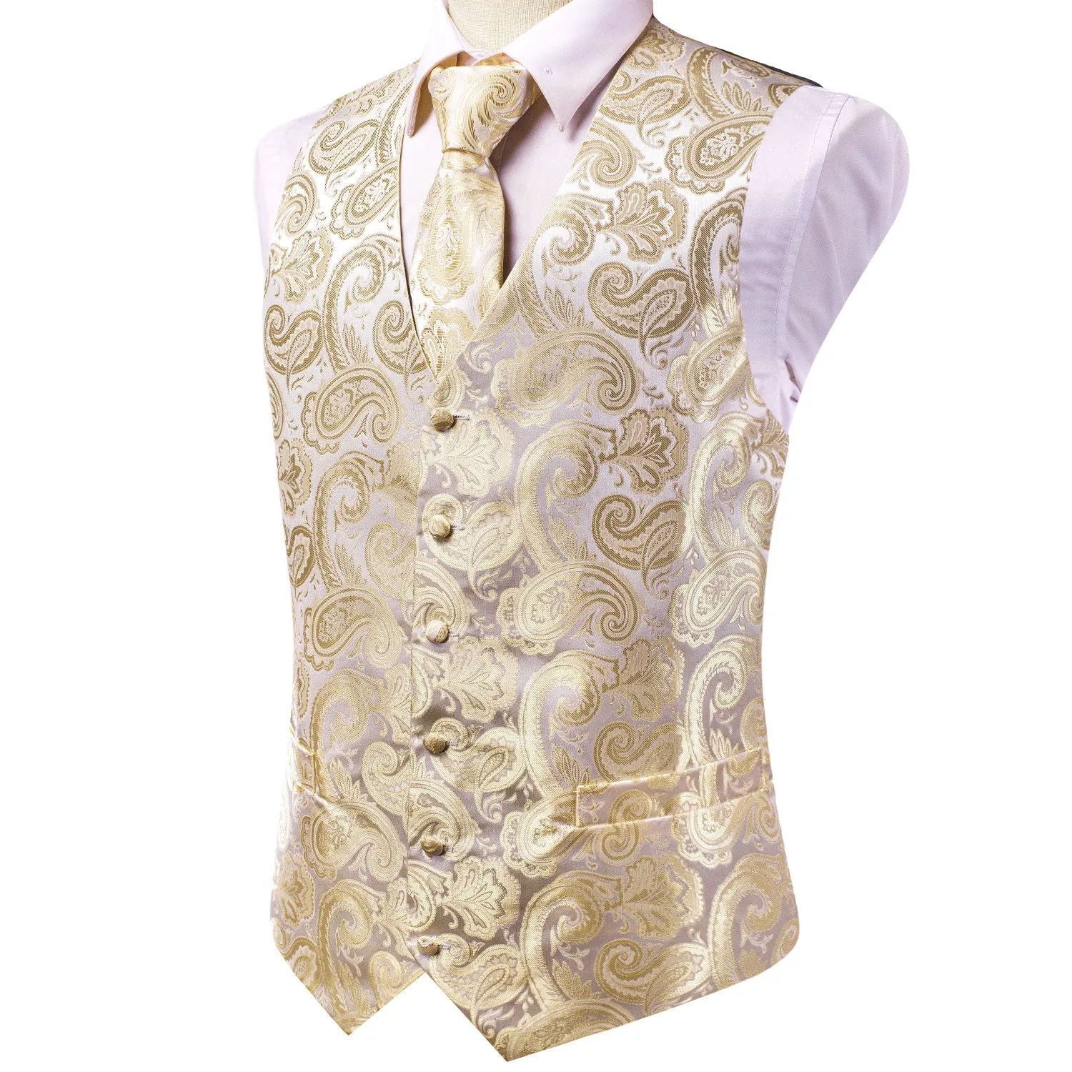 Champagne Beige Paisley Jacquard Silk Men's Vest Hanky Cufflinks Tie Set