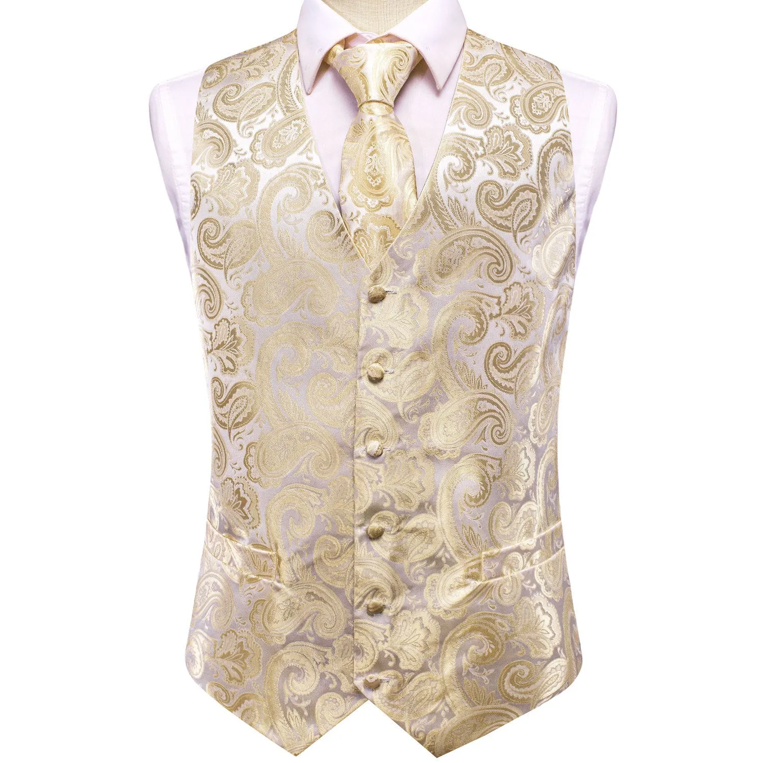 Champagne Beige Paisley Jacquard Silk Men's Vest Hanky Cufflinks Tie Set