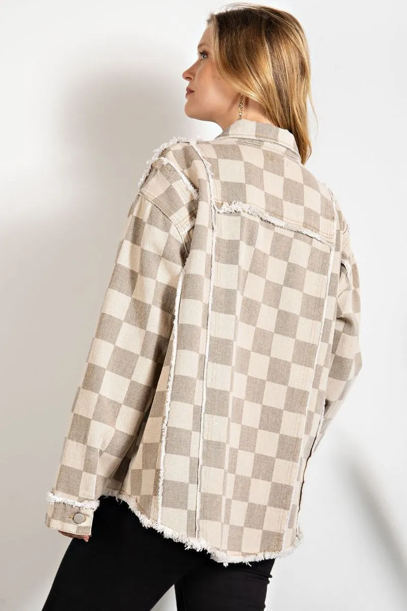 Checkerboard print washed twill jacket with front patch pockets