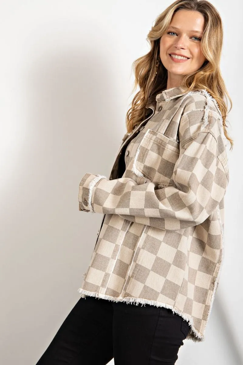 Checkerboard print washed twill jacket with front patch pockets