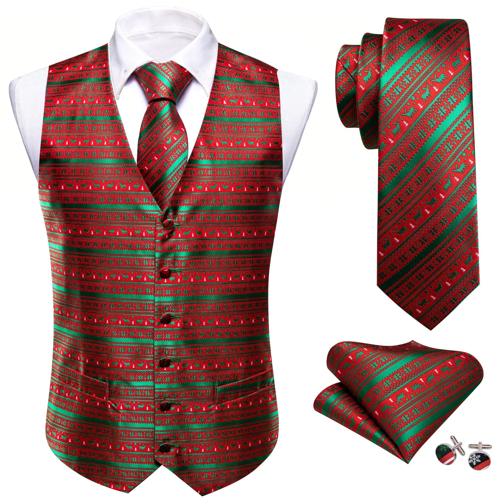 Christmas Green Red Snowflake Deers Silk Men's Vest Hanky Cufflinks Tie Set