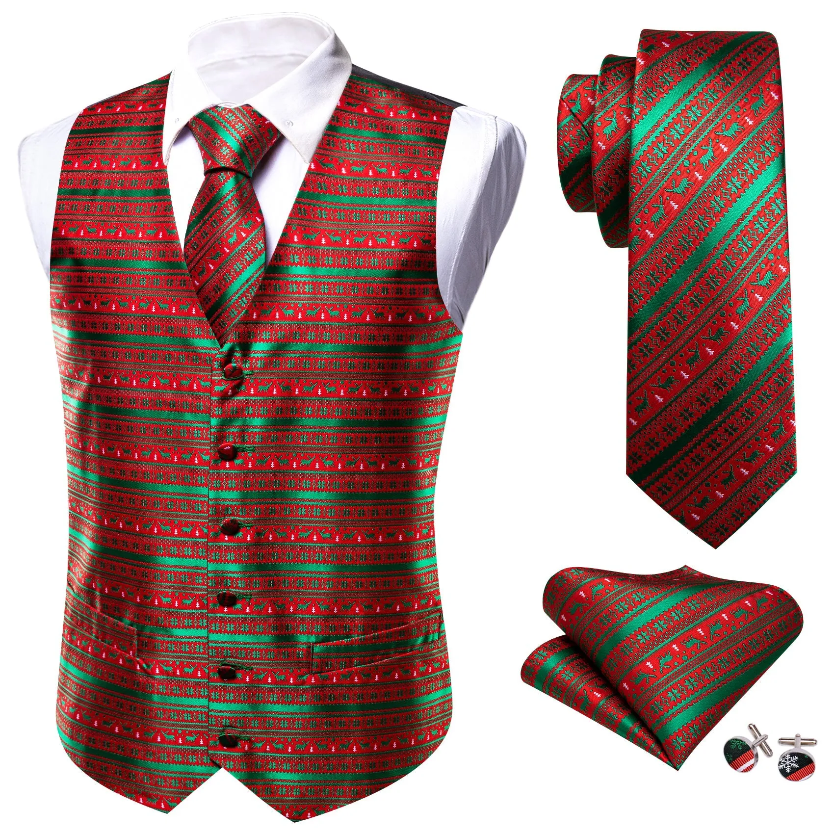 Christmas Green Red Snowflake Deers Silk Men's Vest Hanky Cufflinks Tie Set