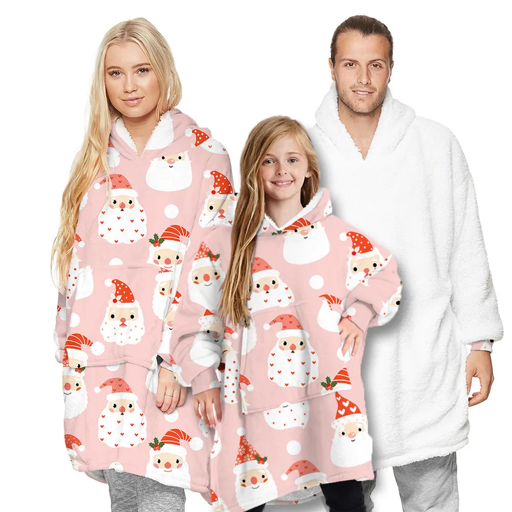 Christmas Pajamas Matching Family Pyjamas Winter Blanket Nightgown Long Sleeve Cashmere Hoodie Two-Way Wear