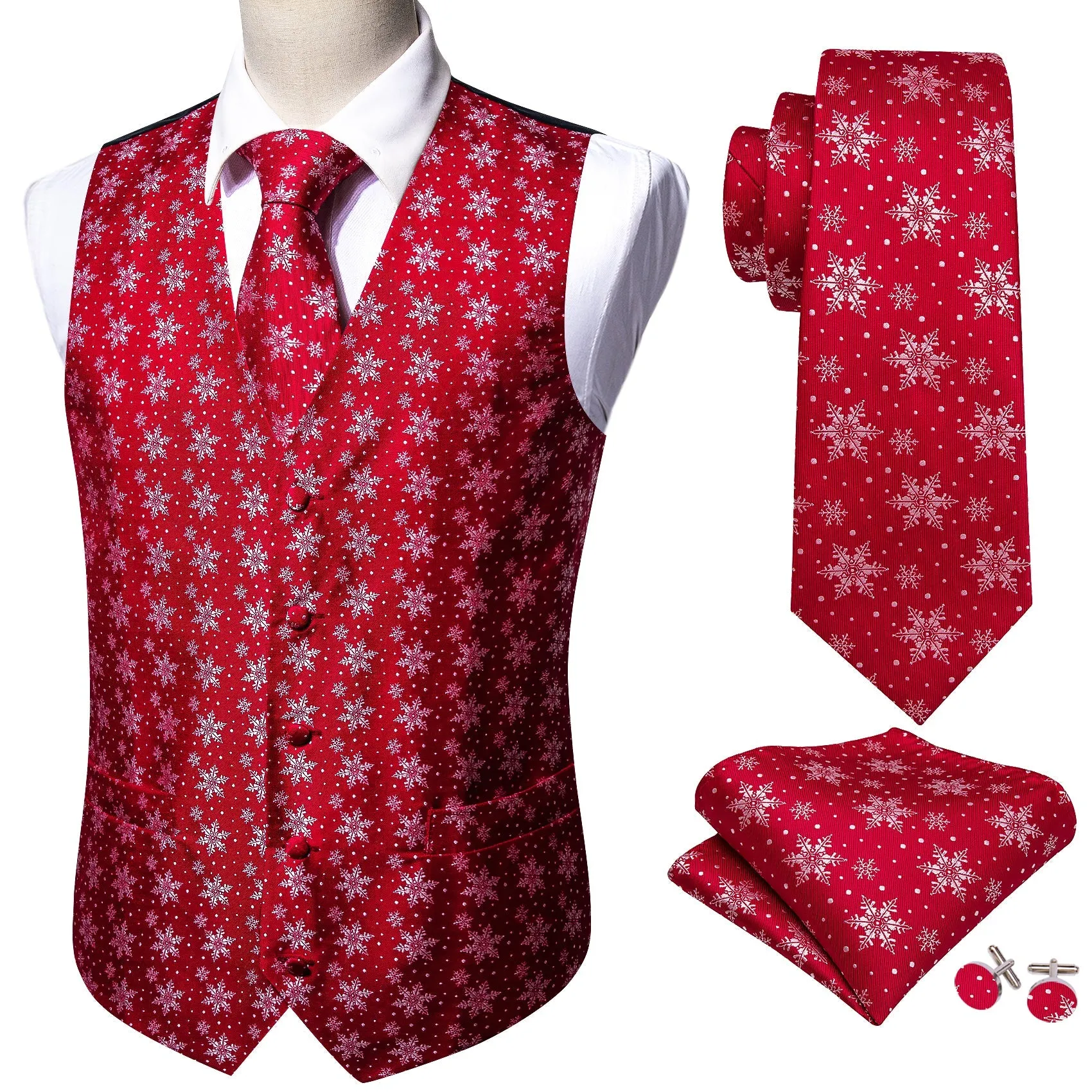 Christmas Red Snowflake Novelty Jacquard Silk Men's Vest Hanky Cufflinks Tie Set