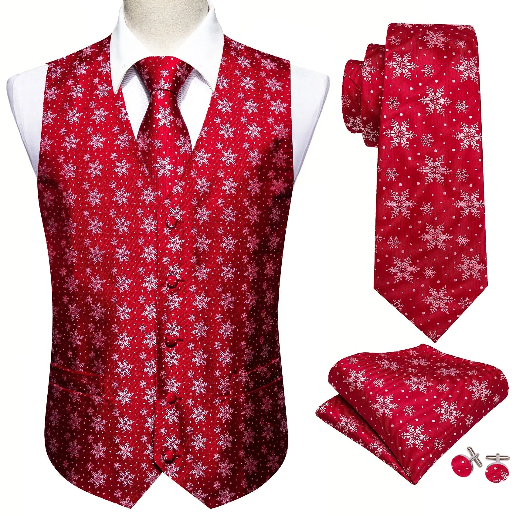 Christmas Red Snowflake Novelty Jacquard Silk Men's Vest Hanky Cufflinks Tie Set