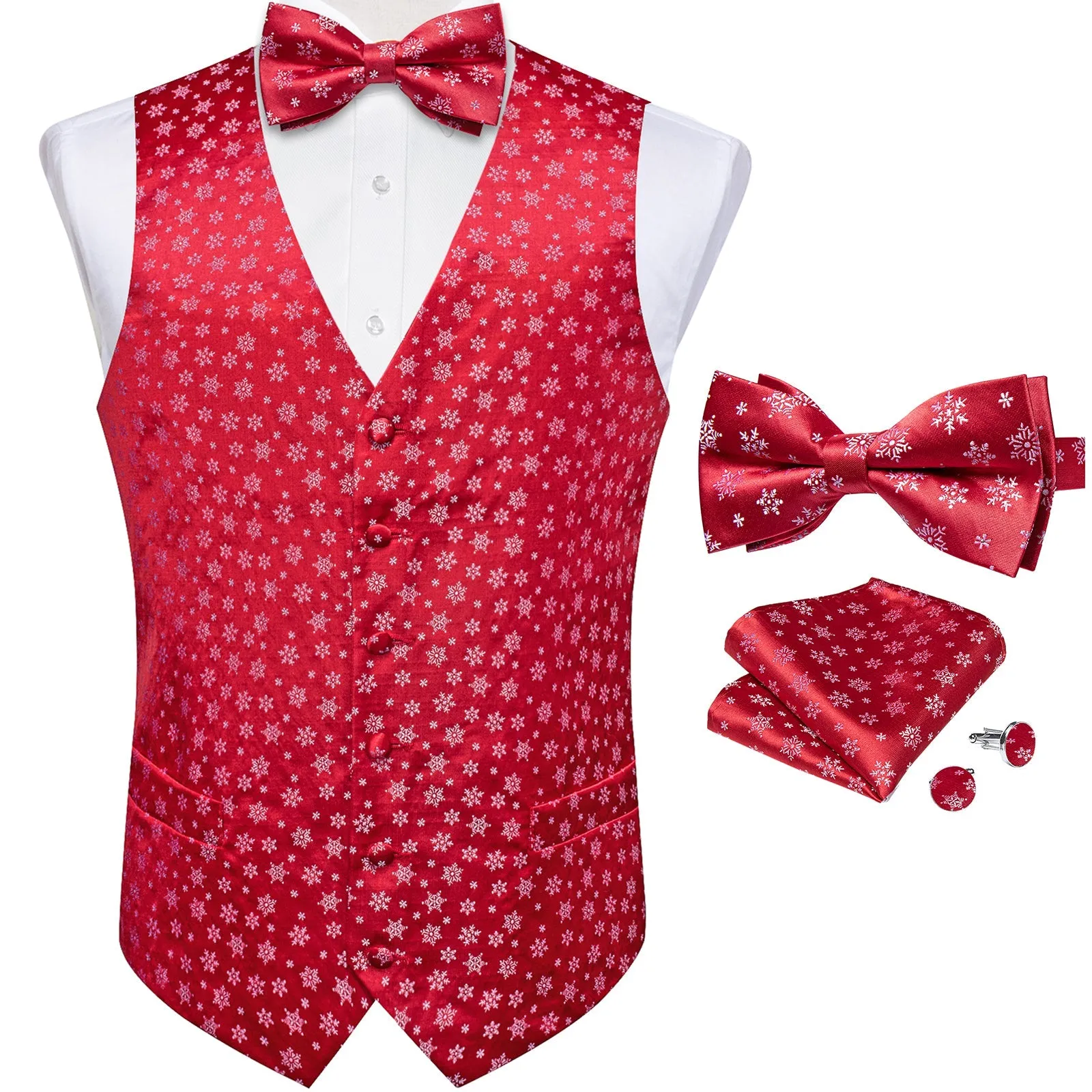 Christmas Red White Snowflake Novelty Men's Vest Bow Tie Set