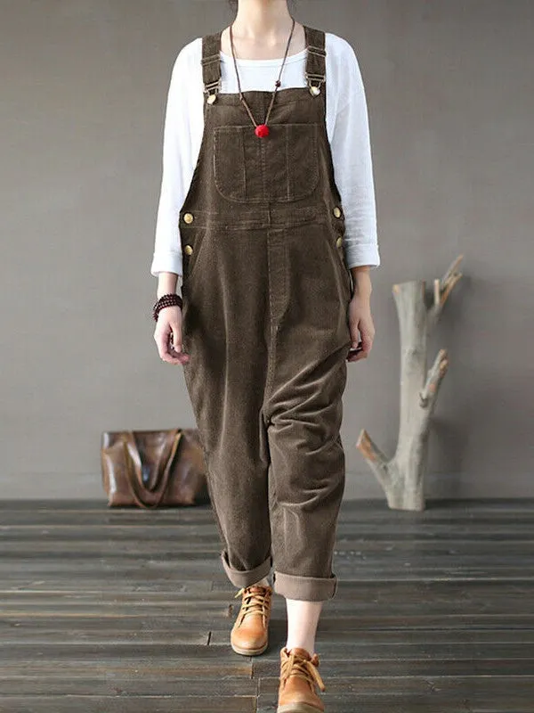 Corduroy Solid Casual Pocket Bib Jumpsuit