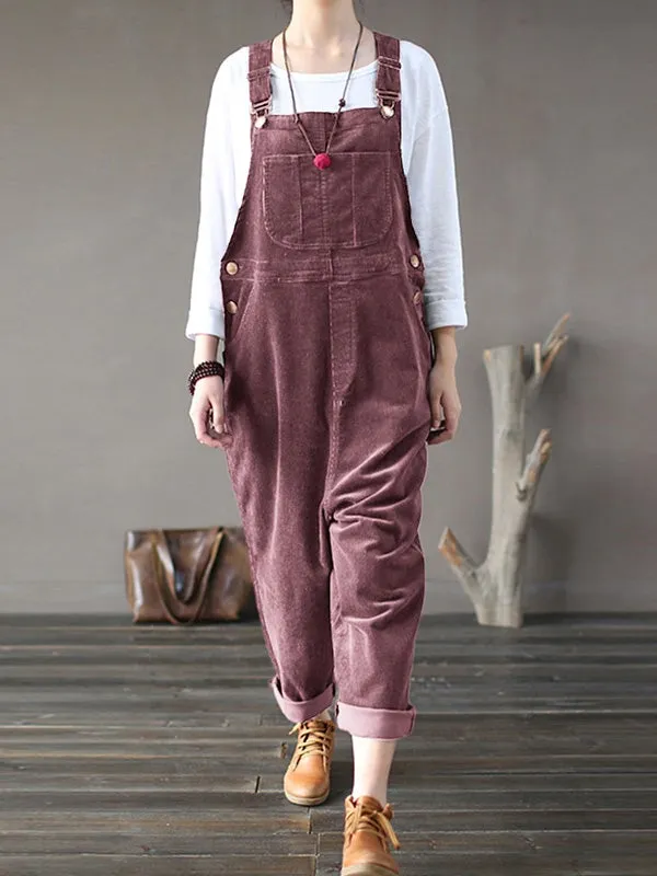 Corduroy Solid Casual Pocket Bib Jumpsuit