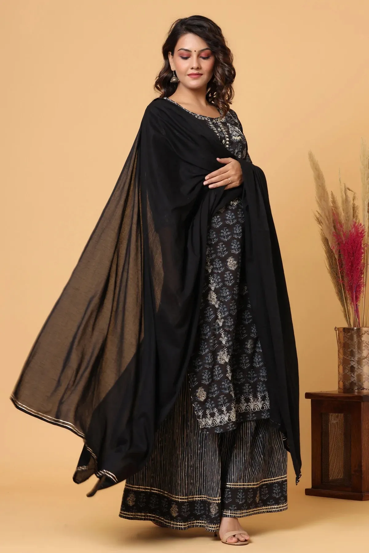 Cotton Black Print & Embroidered Sharara Set with Dupatta