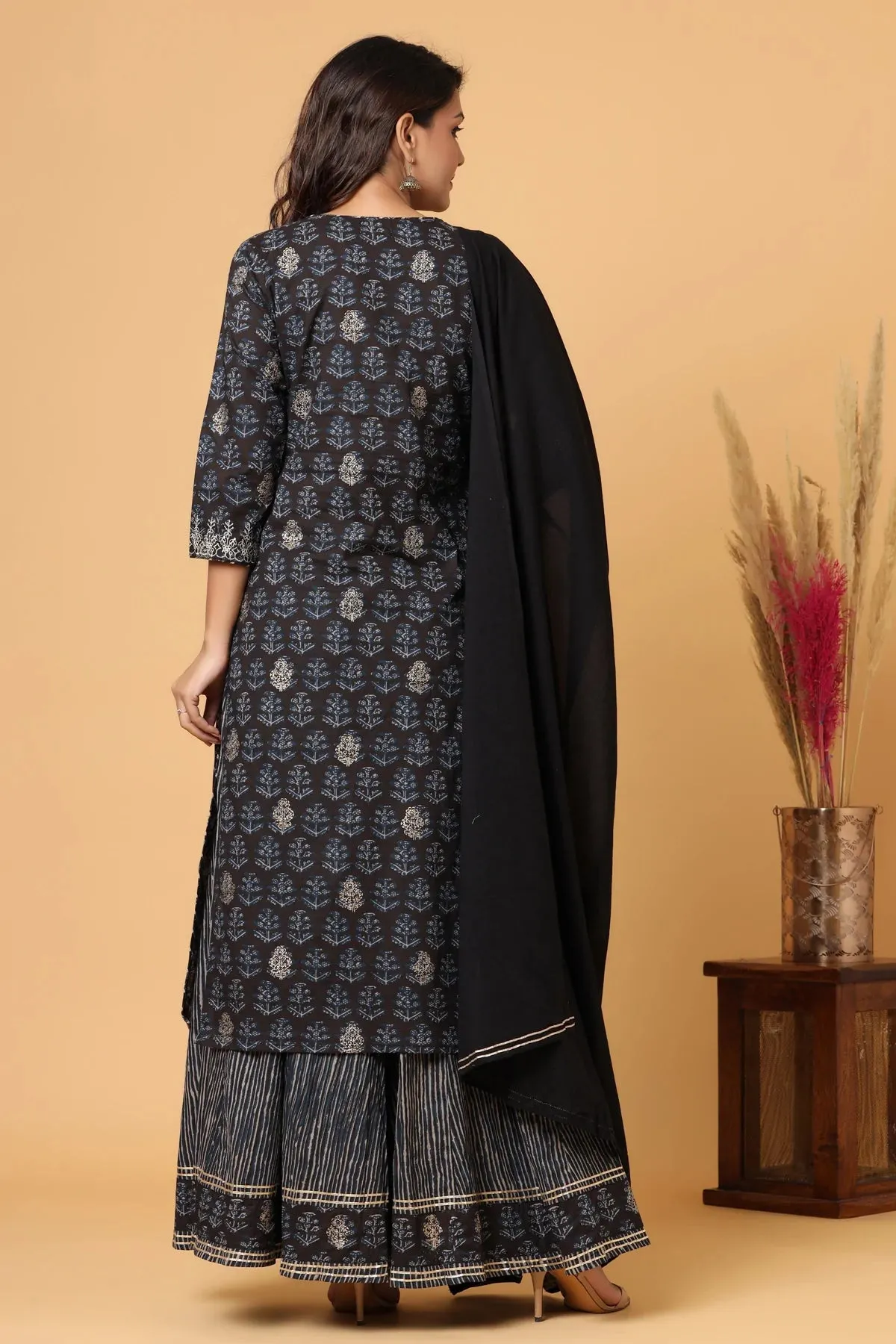 Cotton Black Print & Embroidered Sharara Set with Dupatta