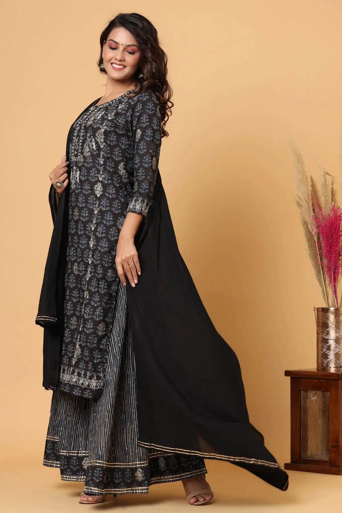 Cotton Black Print & Embroidered Sharara Set with Dupatta