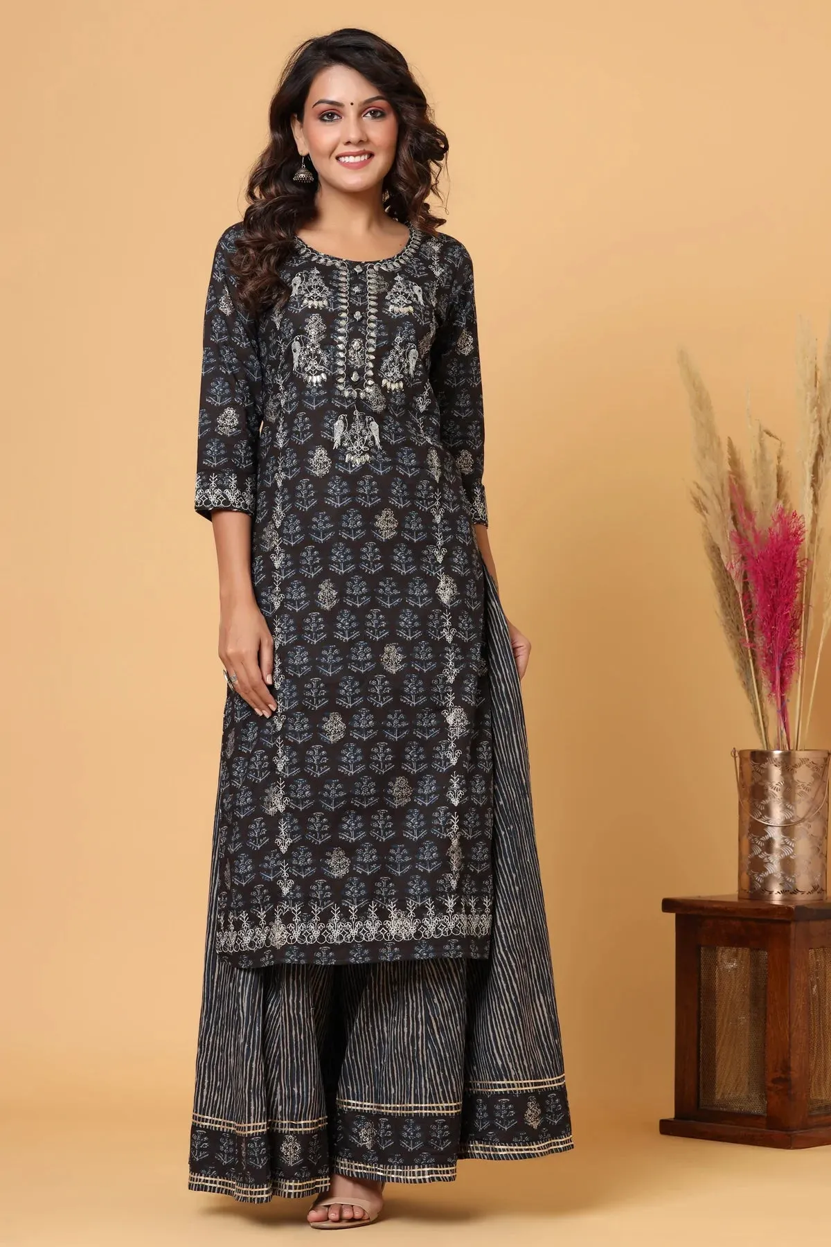 Cotton Black Print & Embroidered Sharara Set with Dupatta