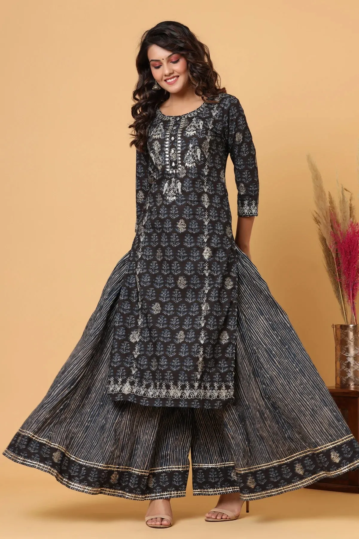 Cotton Black Print & Embroidered Sharara Set with Dupatta