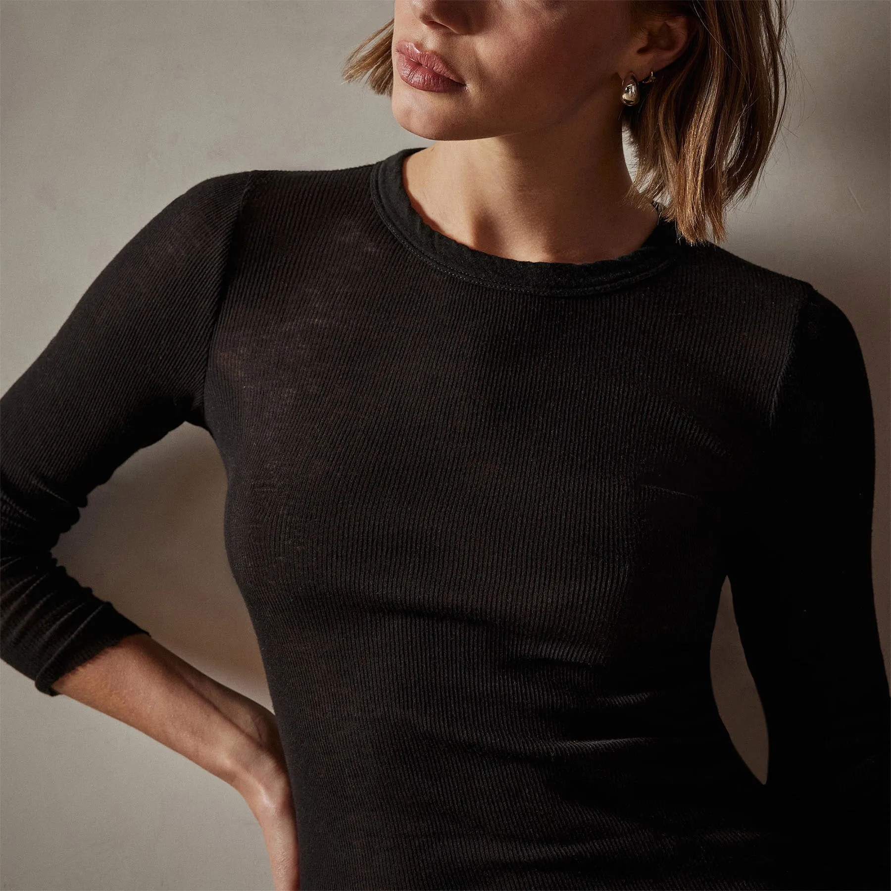 Cotton Cashmere Blend Ribbed Long Sleeve Crew - Black