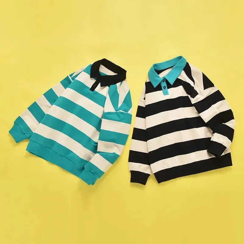 Cotton Fat Kids Fashion Top Boys POLO Collar Sweater Fall New Children's College Style Stripe Pullover