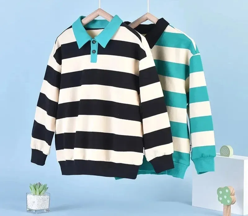 Cotton Fat Kids Fashion Top Boys POLO Collar Sweater Fall New Children's College Style Stripe Pullover