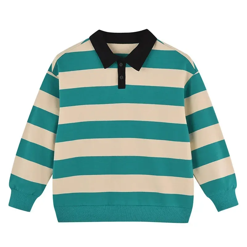 Cotton Fat Kids Fashion Top Boys POLO Collar Sweater Fall New Children's College Style Stripe Pullover