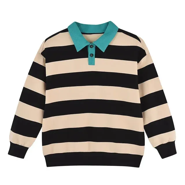 Cotton Fat Kids Fashion Top Boys POLO Collar Sweater Fall New Children's College Style Stripe Pullover