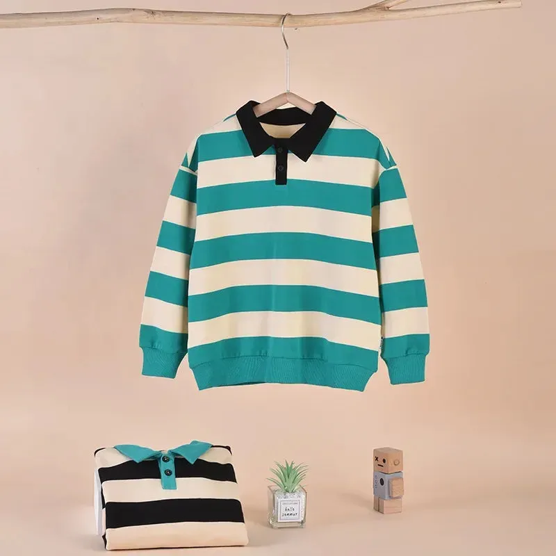 Cotton Fat Kids Fashion Top Boys POLO Collar Sweater Fall New Children's College Style Stripe Pullover