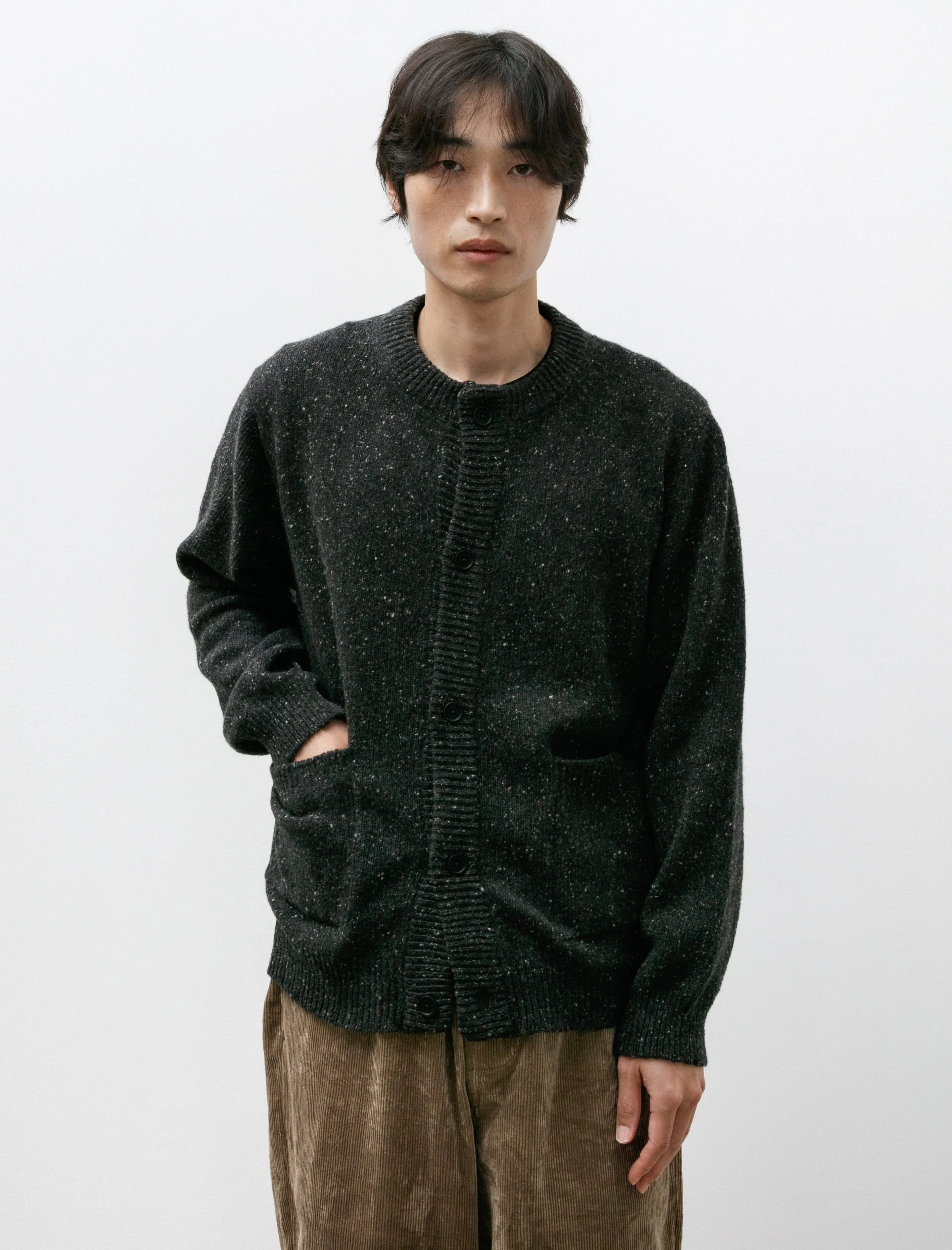 Crewneck Cardigan Recycled Cashmere Wool Charcoal Donegal