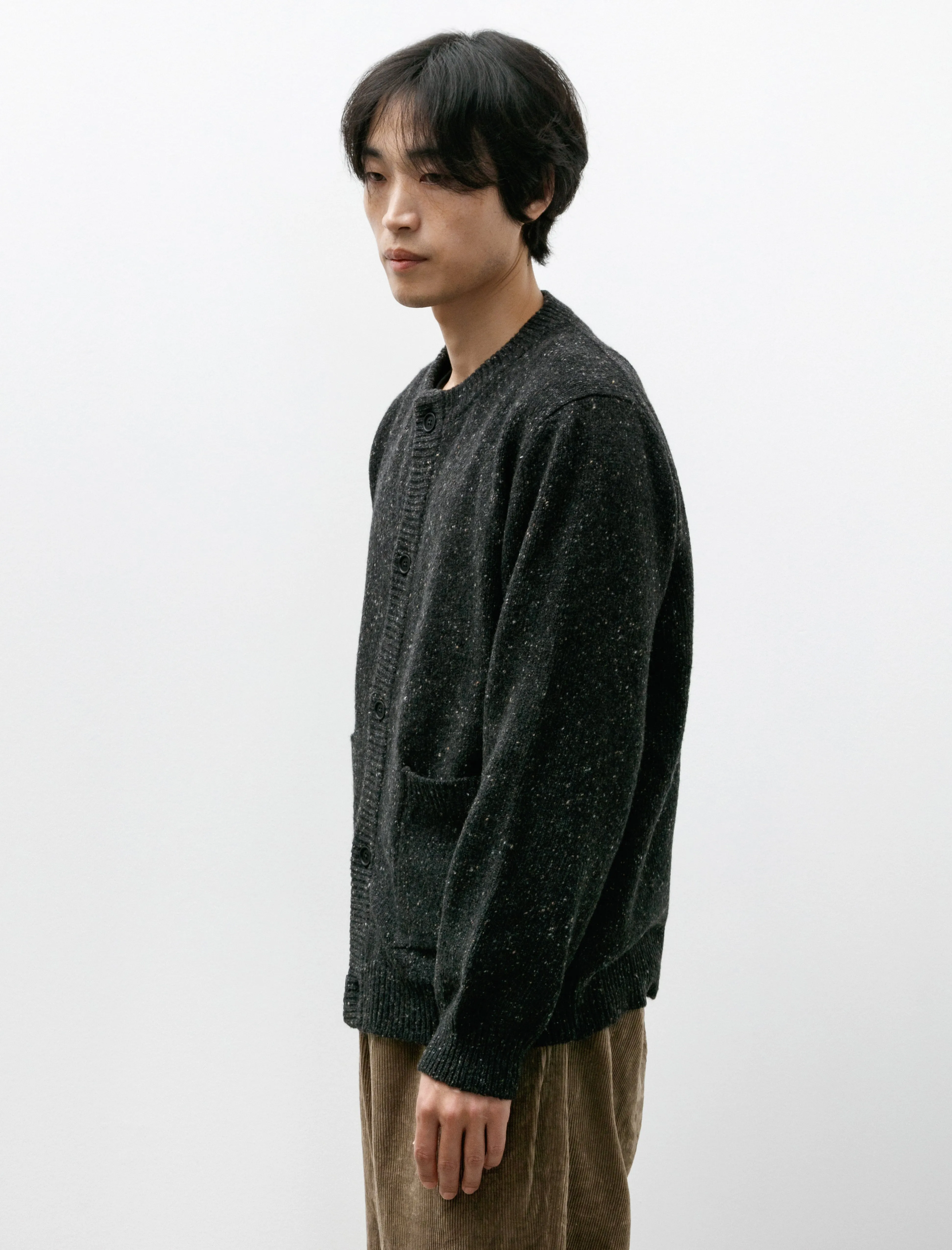 Crewneck Cardigan Recycled Cashmere Wool Charcoal Donegal