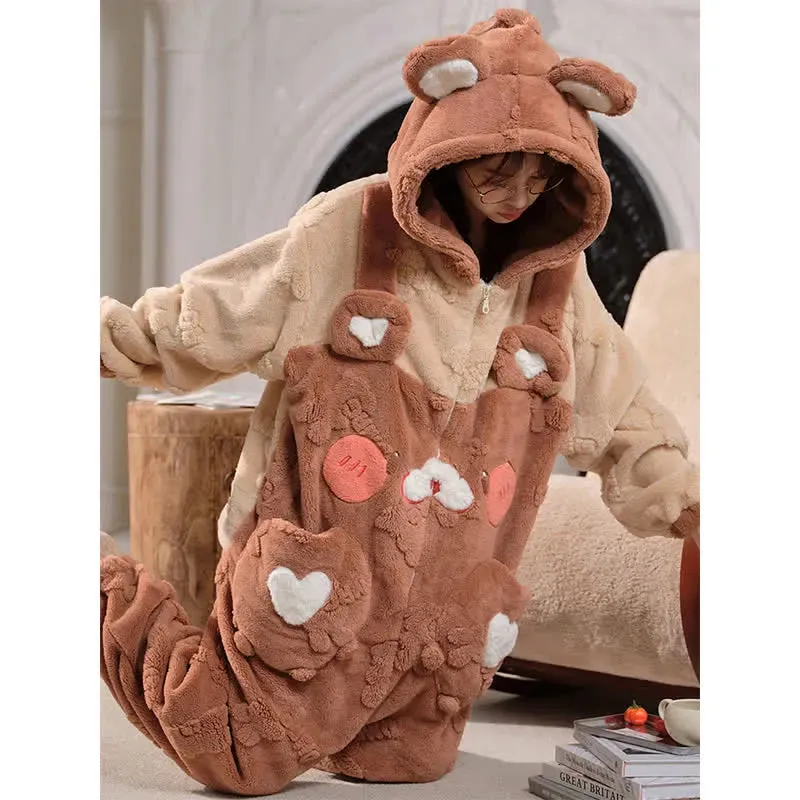 Cute Cartoon Bear Love Heart Zipper Plush Hooded Jumpsuit Pajamas