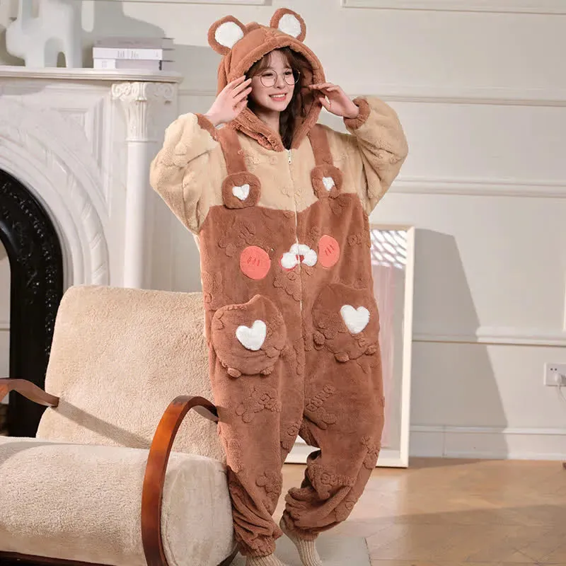 Cute Cartoon Bear Love Heart Zipper Plush Hooded Jumpsuit Pajamas