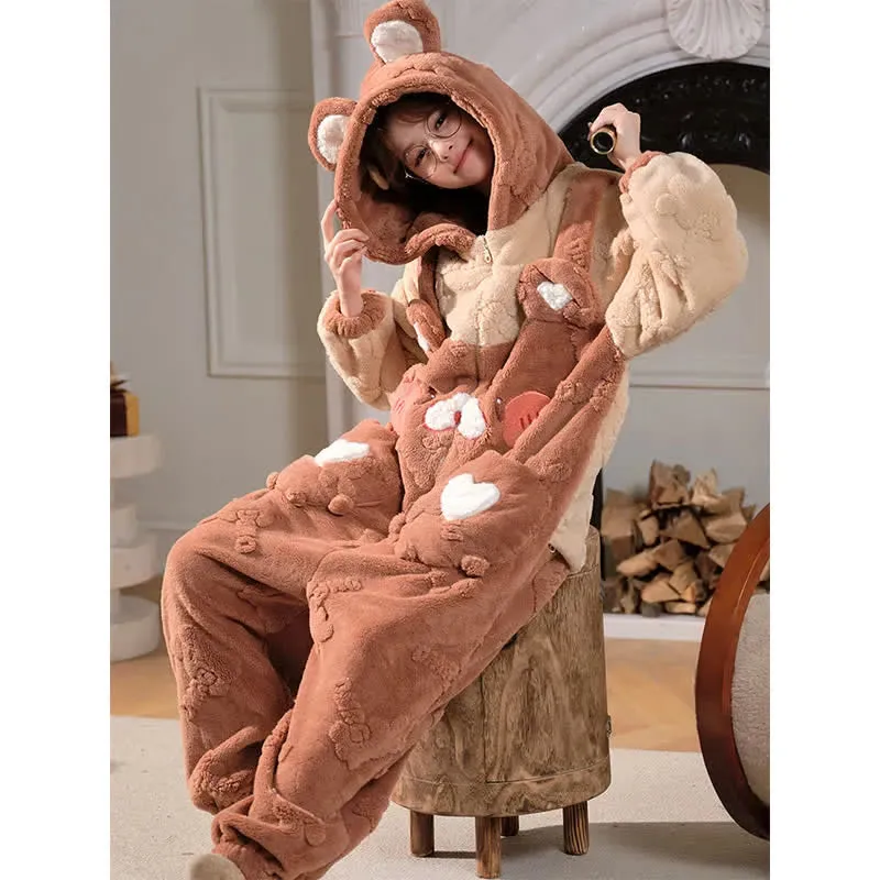 Cute Cartoon Bear Love Heart Zipper Plush Hooded Jumpsuit Pajamas