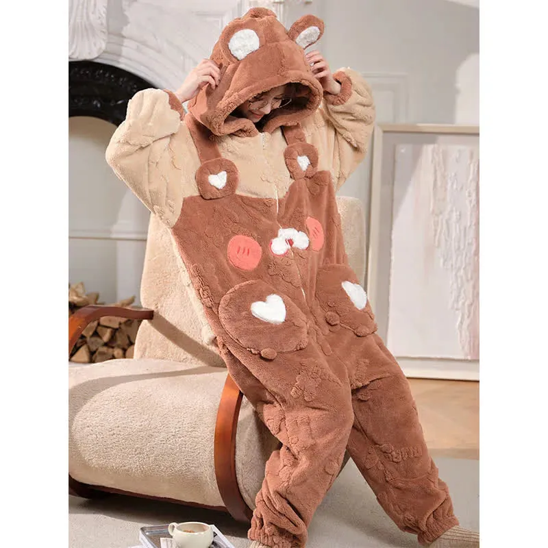 Cute Cartoon Bear Love Heart Zipper Plush Hooded Jumpsuit Pajamas