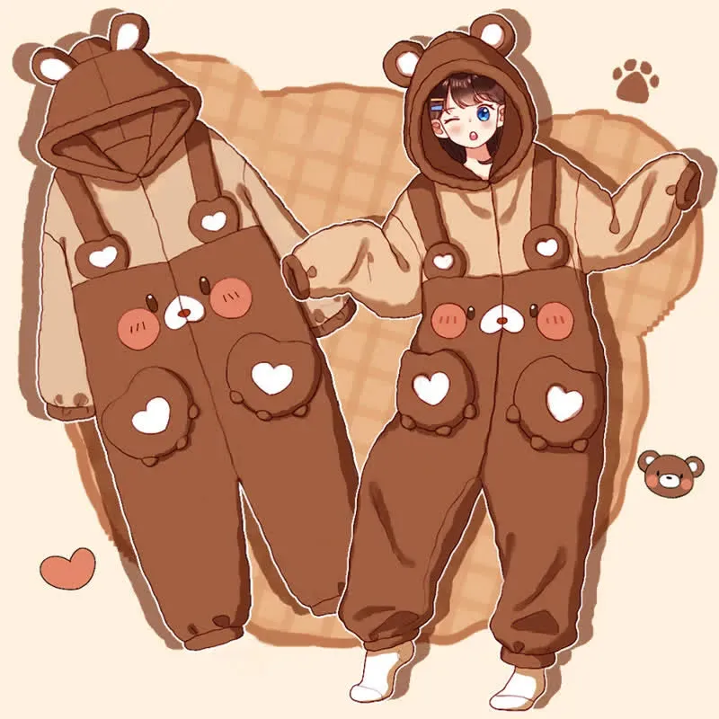 Cute Cartoon Bear Love Heart Zipper Plush Hooded Jumpsuit Pajamas