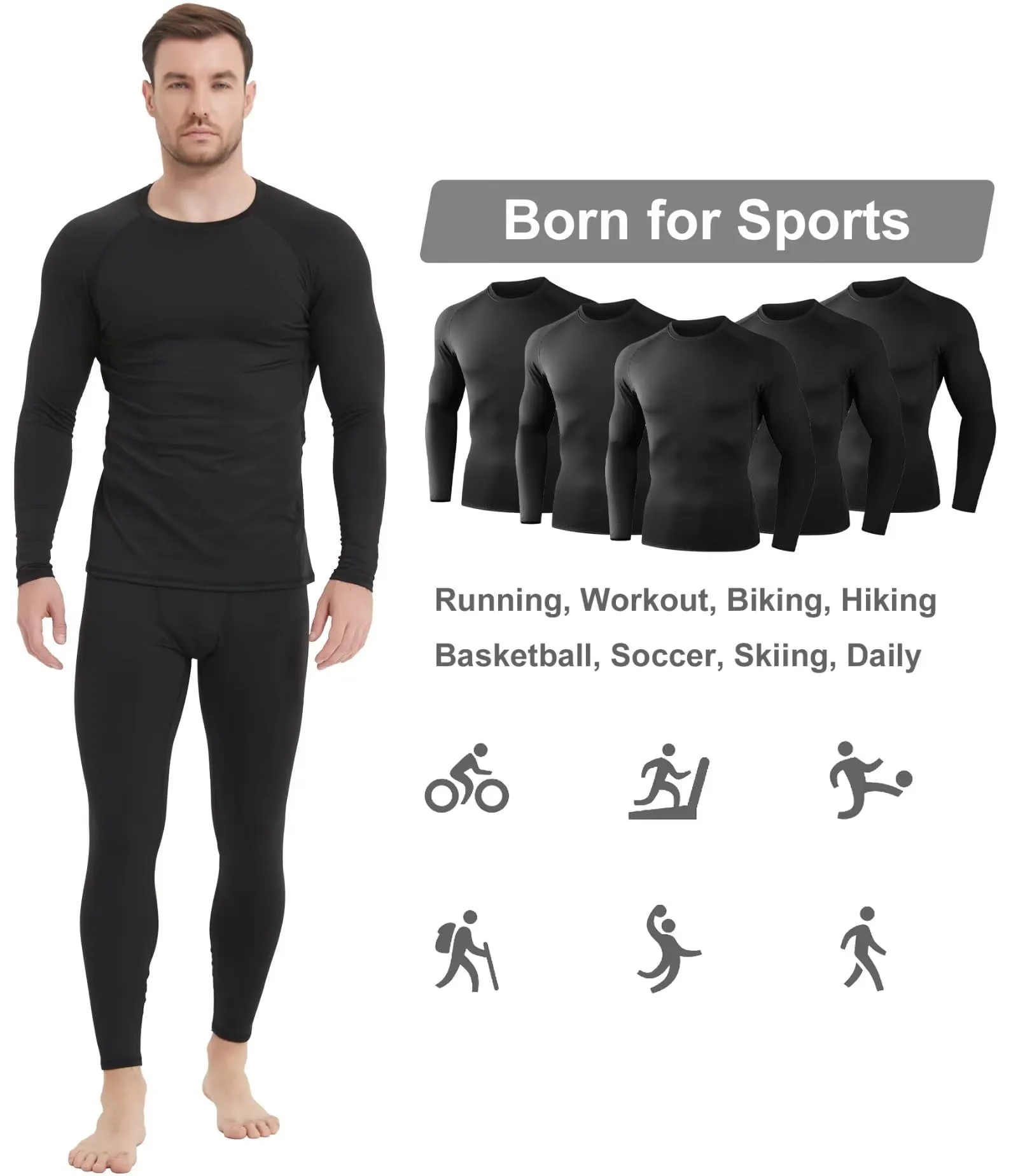 Dalavch 5 Pack Thermal Compression Shirts for Men Long Sleeve Running Gear Undershirt Base Layer for Winter Cold Weather 5 Black Large