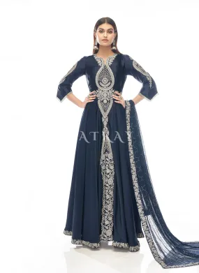 Dark Blue Zari Embroidered Slit Style Anarkali Pant Suit