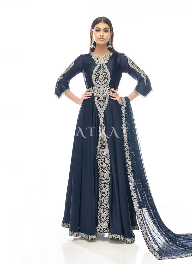 Dark Blue Zari Embroidered Slit Style Anarkali Pant Suit