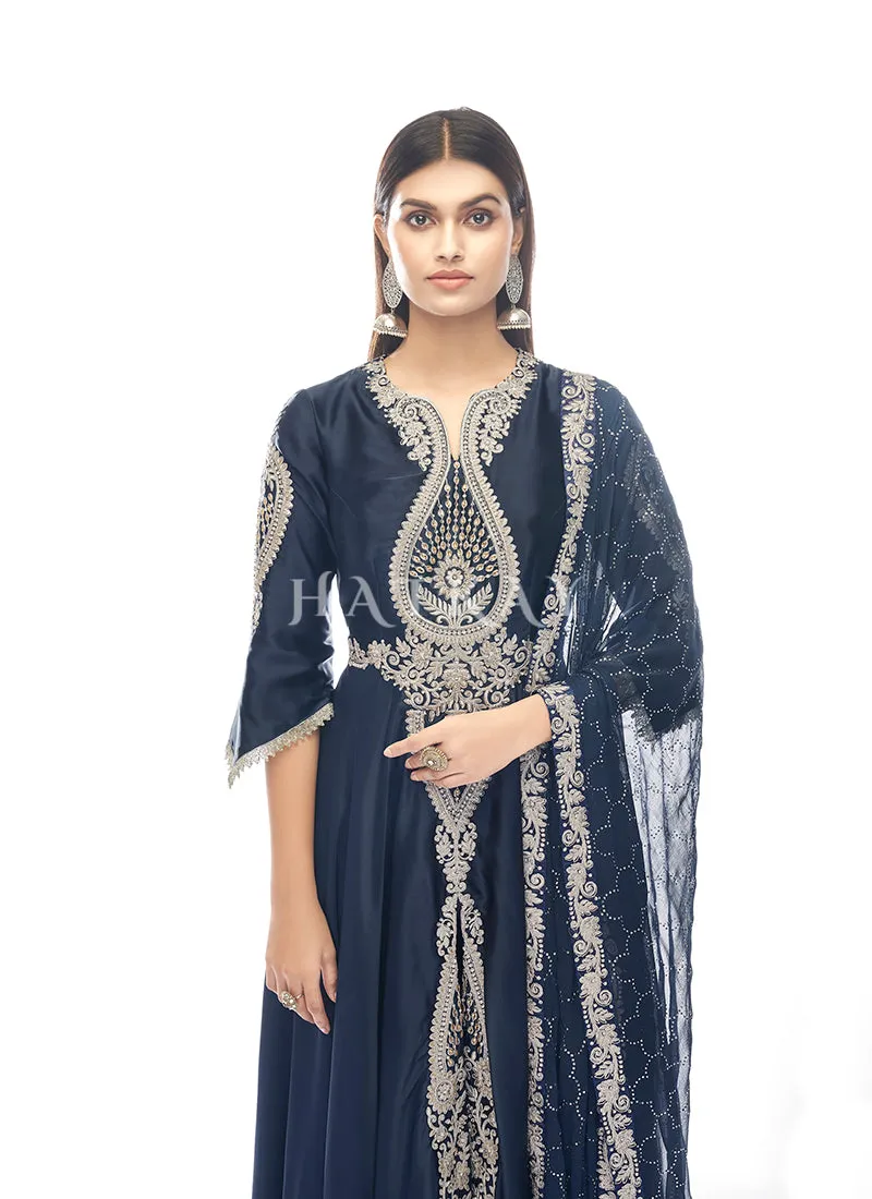 Dark Blue Zari Embroidered Slit Style Anarkali Pant Suit