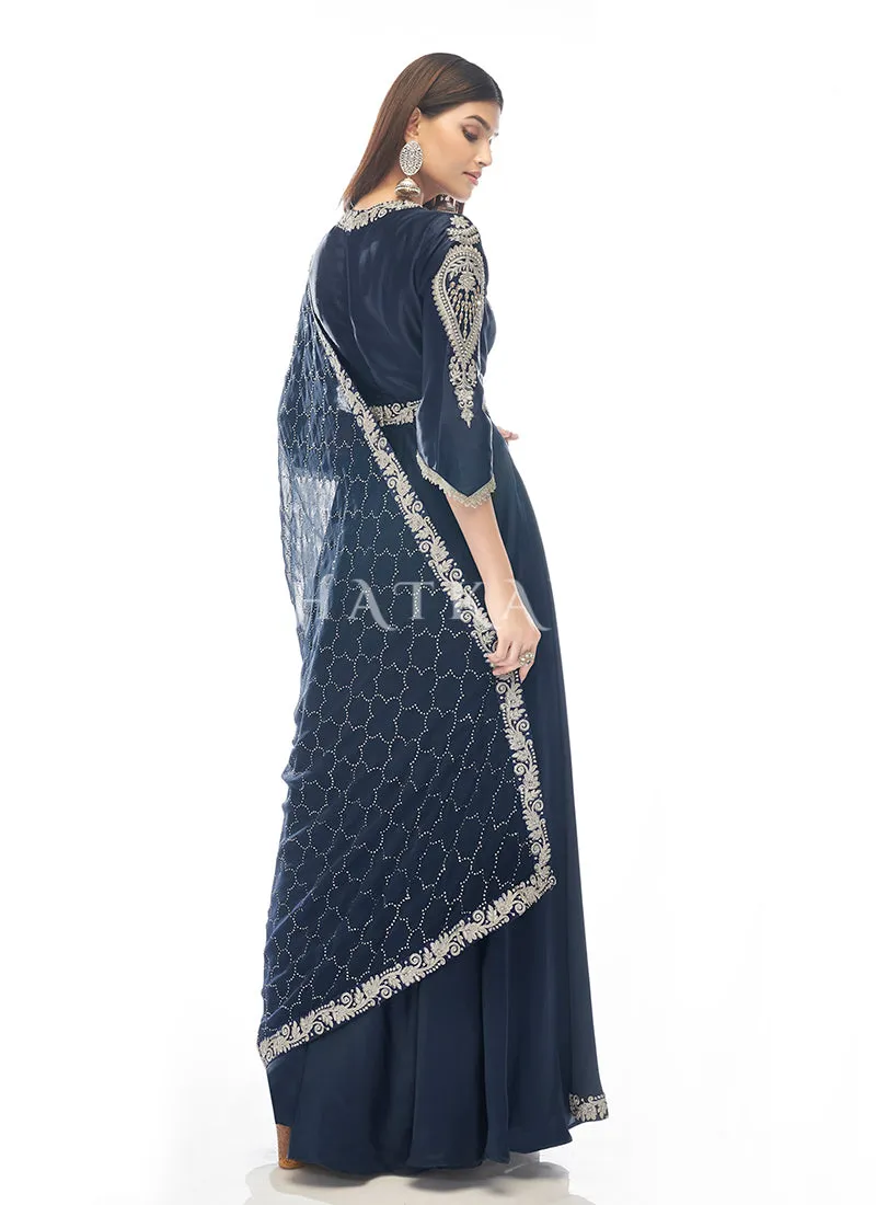 Dark Blue Zari Embroidered Slit Style Anarkali Pant Suit