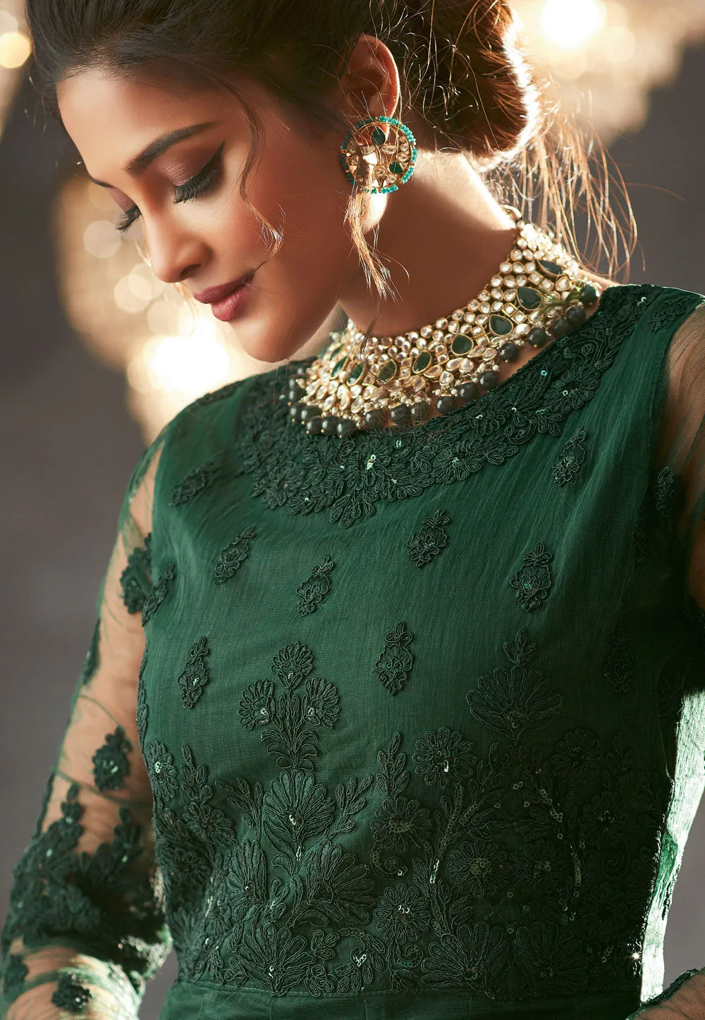 Dark Green Embroidered Anarkali Gown