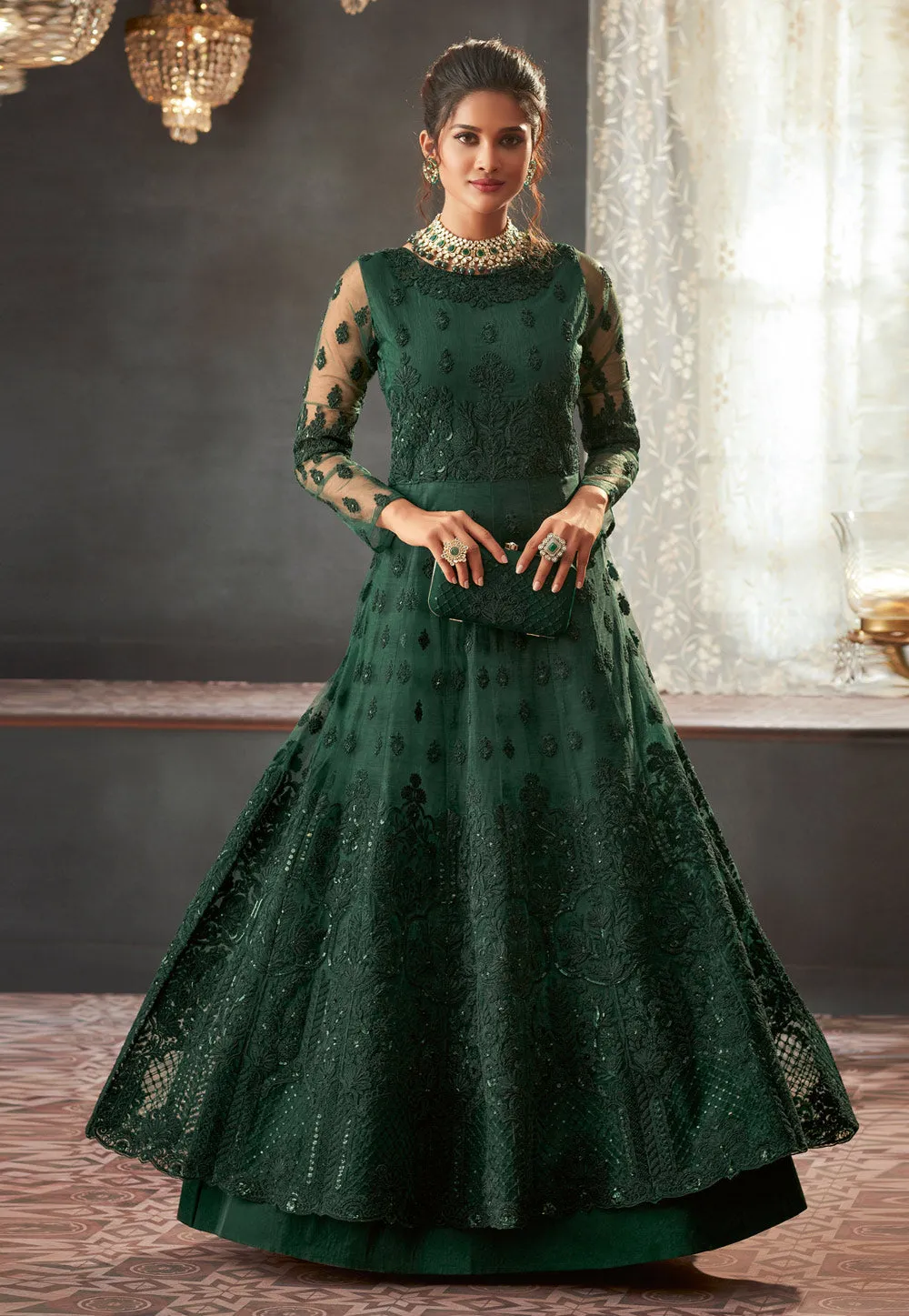 Dark Green Embroidered Anarkali Gown