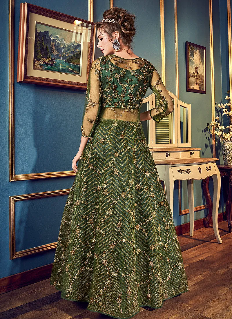 Dark Green Embroidered Slit Style Anarkali Lehenga Suit